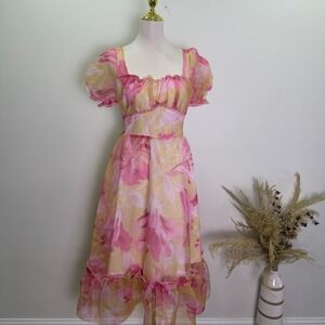 Pink & Yellow Floral Organza Puff Sleeve Midi Dress Size Large
